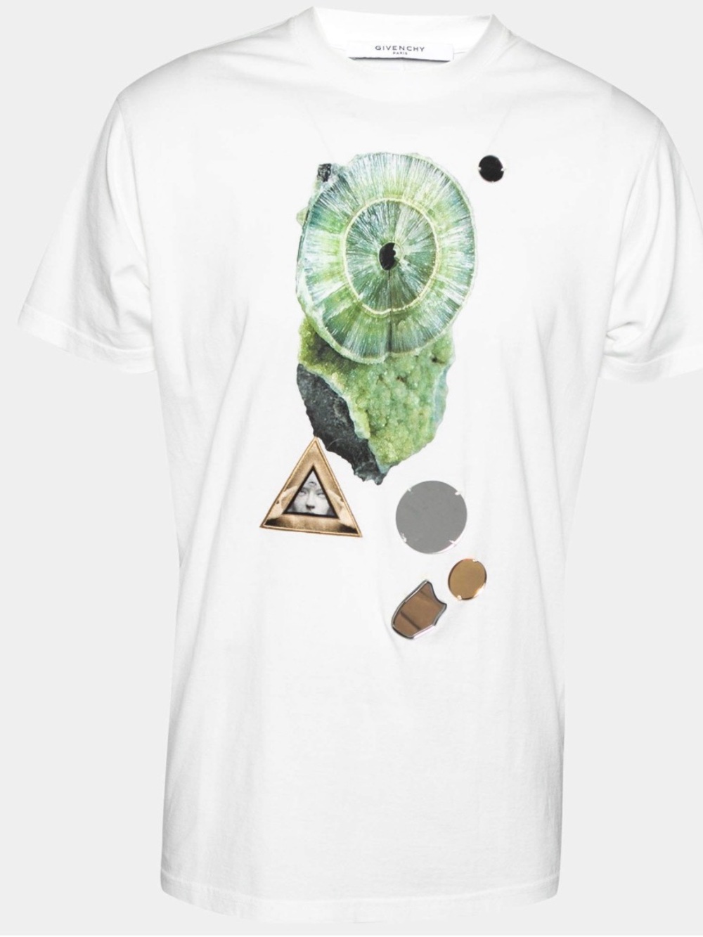 Givenchy White Tee with Green Crystal Graphic and Gold Accents